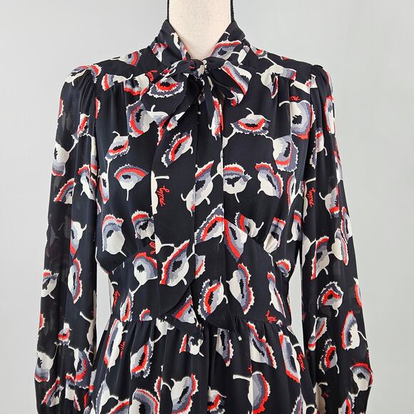 Milly Women's Poppy Floral Print Silk Black Red Dress | FLAWS | 8 - Picture 4 of 16